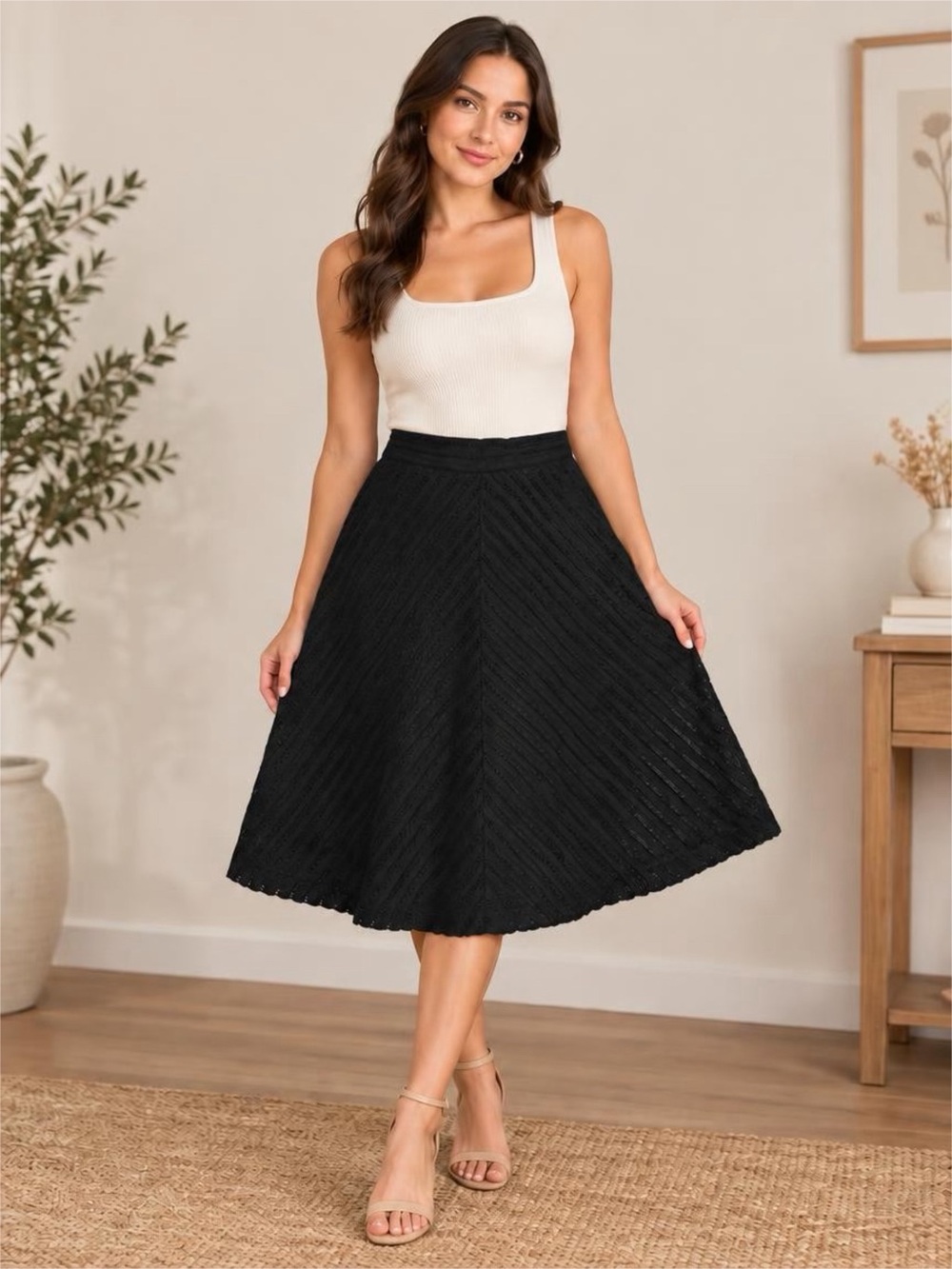 H&M Black Textured Flared Midi perforated work dress Skirt